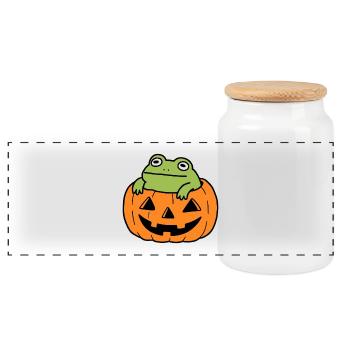 Cute Frog Halloween Pumpkin - Panoramic Cookie Jar with Wooden Lid - white - Front