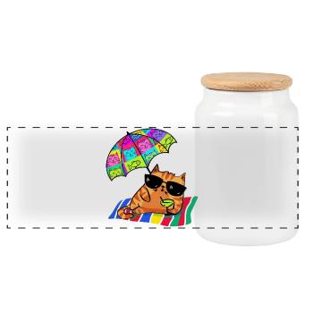 Cool cat on vacation with parasol - Panoramic Cookie Jar with Wooden Lid - white - Front