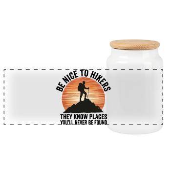 Hiking - Outdoor Adventure - Be Nice to Hikers - Panoramic Cookie Jar with Wooden Lid - white - Front