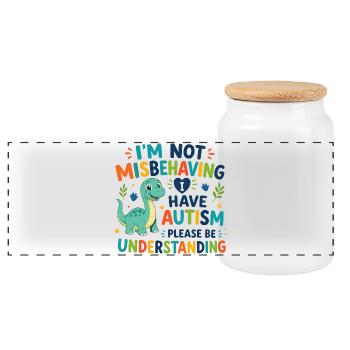 I don't misbehave, I have autism - Panoramic Cookie Jar with Wooden Lid - white - Front