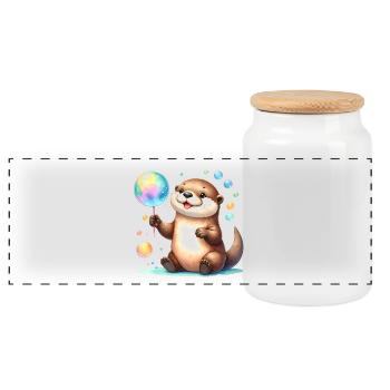 Kawaii Otter Playing with Soap Bubbles – Cute - Panoramic Cookie Jar with Wooden Lid - white - Front