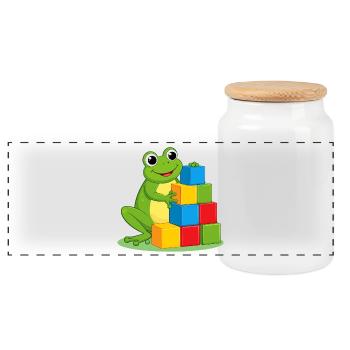 Green cartoon frog playing with colorful building blocks - Panoramic Cookie Jar with Wooden Lid - white - Front