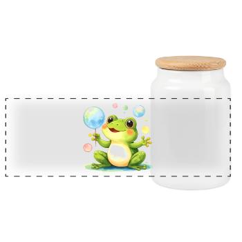 Green Kawaii Frog with Soap Bubbles – Cute - Panoramic Cookie Jar with Wooden Lid - white - Front
