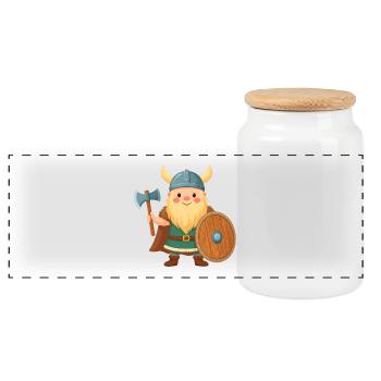 Little cartoon Viking with shield and battle axe - Panoramic Cookie Jar with Wooden Lid - white - Front