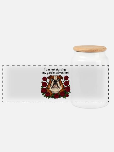 Starting garden adventure - Bulldog and red roses - Panorama Keksdose mit Holzdeckel - Weiß