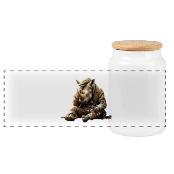 Melancholic rhinoceros with flowers - Panoramic Cookie Jar with Wooden Lid - white - Front