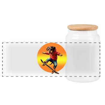 Skater Dachshund Oscar in Hoodie - Panoramic Cookie Jar with Wooden Lid - white - Front