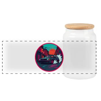 Retro 80er JDM Hatchback Street Race Synthwave-Kunst - Panorama Keksdose mit Holzdeckel - Weiß - Vorne