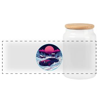 Retro 80s JDM Winter Drift AE86 Synthwave Art - Panoramic Cookie Jar with Wooden Lid - white - Front