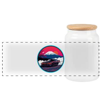 Retro 80er JDM AE86 Mt Fuji Drift Synthwave Kunst - Panorama Keksdose mit Holzdeckel - Weiß - Vorne