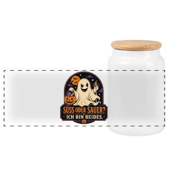 Süß oder sauer? Ich bin beides – Halloween - Panorama Keksdose mit Holzdeckel - Weiß - Vorne
