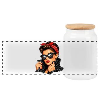 Cool pin-up girl in leather jacket & sunglasses - Panoramic Cookie Jar with Wooden Lid - white - Front