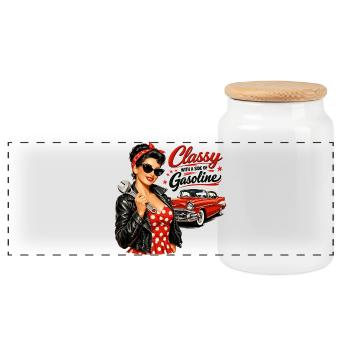 Pin-Up vintage : classe avec un peu d’essence - Boîte à biscuits avec couvercle en bois - blanc - Devant