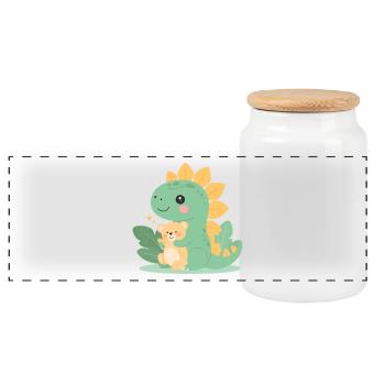 Little Cartoon Dinosaur with Teddy Bear – Cute - Panoramic Cookie Jar with Wooden Lid - white - Front