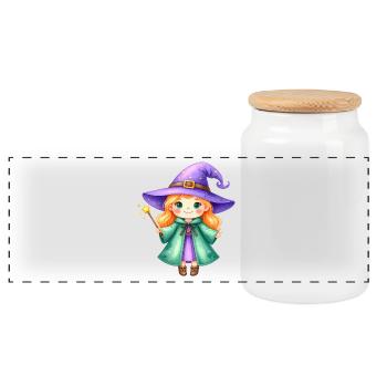 Little Witch with Purple Hat and Wand – Magical - Panoramic Cookie Jar with Wooden Lid - white - Front