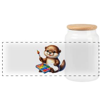 Little cartoon otter with brush and color palette - Panoramic Cookie Jar with Wooden Lid - white - Front
