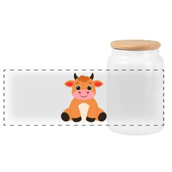 Seated Highland Cow – Cozy Comic Design - Panoramic Cookie Jar with Wooden Lid - white - Front