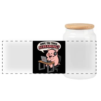 Cochon au bureau des casques - Boîte à biscuits avec couvercle en bois - blanc - Devant