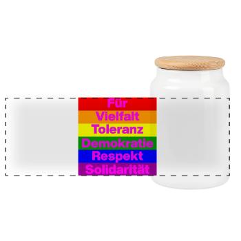 VIELFALT TOLERANZ DEMOKRATIE RESPEKT SOLIDARITÄT - Panorama Keksdose mit Holzdeckel - Weiß - Vorne
