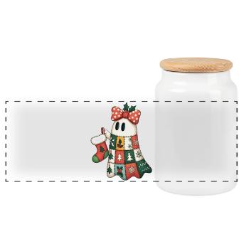 Patchwork Ghost with Christmas Quilt - Panoramic Cookie Jar with Wooden Lid - white - Front
