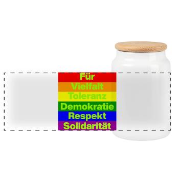 VIELFALT TOLERANZ DEMOKRATIE RESPEKT SOLIDARITÄT - Panorama Keksdose mit Holzdeckel - Weiß - Vorne