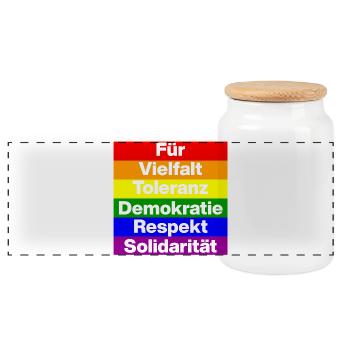 VIELFALT TOLERANZ DEMOKRATIE RESPEKT SOLIDARITÄT - Panorama Keksdose mit Holzdeckel - Weiß - Vorne