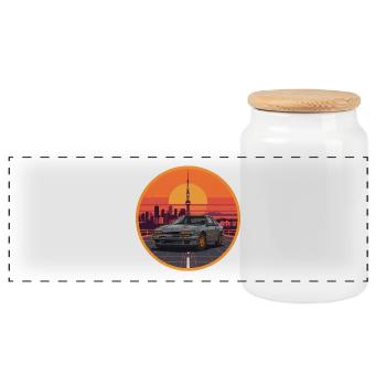 Retro 80er JDM Coupé Tokyo Tower Sonnenuntergangsemblem - Panorama Keksdose mit Holzdeckel - Weiß - Vorne