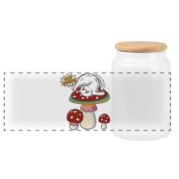 Chat faisant du yoga sur un gros champignon - Boîte à biscuits avec couvercle en bois - blanc - Devant