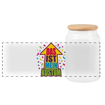 Das ist mein Kostüm – Bunter Faschings-Pfeil - Panorama Keksdose mit Holzdeckel - Weiß - Vorne