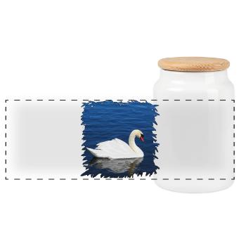 White swan on blue water - Panoramic Cookie Jar with Wooden Lid - white - Front