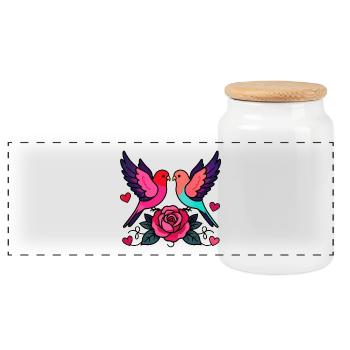 Vibrant Love Birds with Rose - Panoramic Cookie Jar with Wooden Lid - white - Front