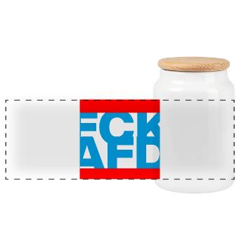 FCK AFD, NIE WIEDER IST JETZT, NO NZS, NO AFD - Panoramic Cookie Jar with Wooden Lid - white - Front