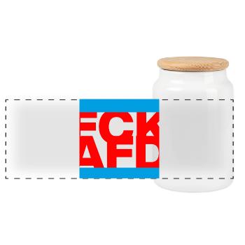 FCK AFD, NIE WIEDER IST JETZT, NO NZS, NO AFD - Panoramic Cookie Jar with Wooden Lid - white - Front