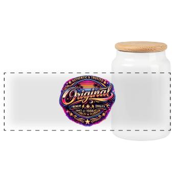 Insigne rétro Neon Synthwave des années 1980 Original 1986 - Boîte à biscuits avec couvercle en bois - blanc - Devant
