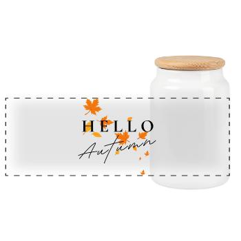 Bonjour Autumn | Chemise typographie d’automne - Boîte à biscuits avec couvercle en bois - blanc - Devant