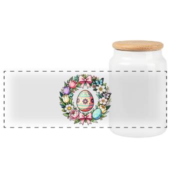 Pastel Easter Floral Egg Wreath - Panoramic Cookie Jar with Wooden Lid - white - Front