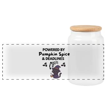 Pumpkin Spice & Deadlines - Fall Coffee Cat - Panoramic Cookie Jar with Wooden Lid - white - Front