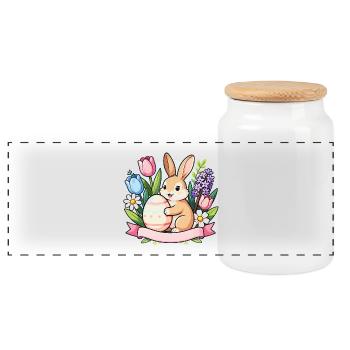 Easter Bunny with Floral Egg - Panoramic Cookie Jar with Wooden Lid - white - Front