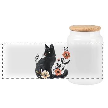 Chat noir parmi les fleurs printanières - Boîte à biscuits avec couvercle en bois - blanc - Devant