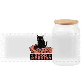 Linocut Black Cat Sitting On Face Morning - Panoramic Cookie Jar with Wooden Lid - white - Front