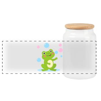Green cartoon frog with soap bubbles – fun - Panoramic Cookie Jar with Wooden Lid - white - Front