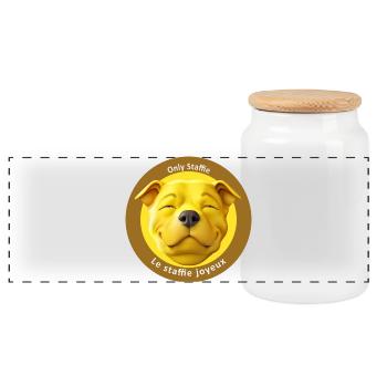 Stafficone Badge joyeux - 053i - Boîte à biscuits avec couvercle en bois - blanc - Devant