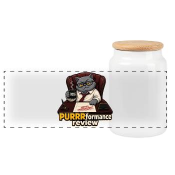 PURRRformance Review Funny Corporate Cat Manager - Panoramic Cookie Jar with Wooden Lid - white - Front