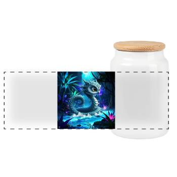Bluish dragon in luminous jungle - Panoramic Cookie Jar with Wooden Lid - white - Front