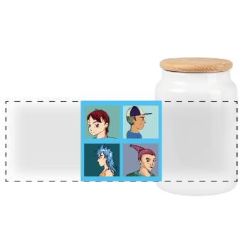 Four portraits from anime illustrations - Panoramic Cookie Jar with Wooden Lid - white - Front