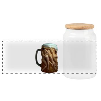 Surreal Beer Vessel of Intertwined Silhouettes - Panoramic Cookie Jar with Wooden Lid - white - Front