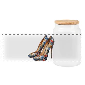 High Heels mit farbenfrohen Blumen - Panorama Keksdose mit Holzdeckel - Weiß - Vorne