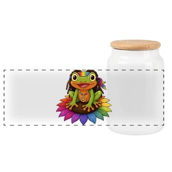 Rasta Frog on Sunflower Blossom Peace Sign - Panoramic Cookie Jar with Wooden Lid - white - Front