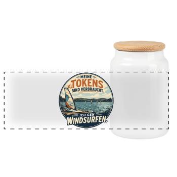 KI Tokens verbraucht – Ich geh Windsurfen - Panorama Keksdose mit Holzdeckel - Weiß - Vorne