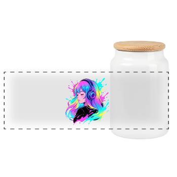Neon Headphones Girl - Panoramic Cookie Jar with Wooden Lid - white - Front